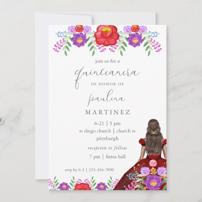 Invitation Fiesta Florale colorée Quinceañera Princesse (Devant)