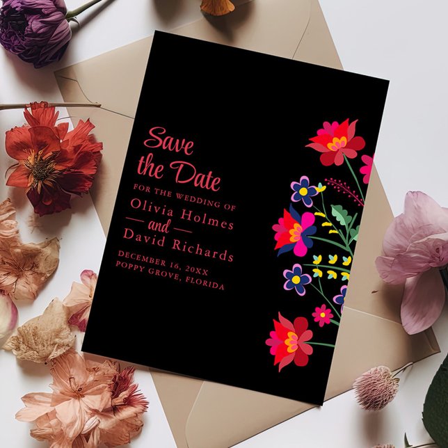 Invitation Fiesta Florale mexicaine noire Enregistrer la cart (Black Mexican Floral Fiesta Save the Date Card on a table with colorful flowers.)