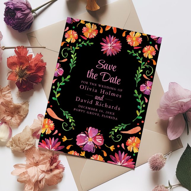 Invitation Fiesta Florale mexicaine noire Enregistrer la date (Black Mexican Floral Fiesta Save the Date Invitation on a wedding table with colorful flowers.)