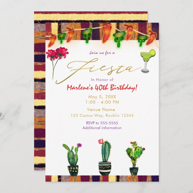 Invitation FIESTA Gold Southwest Cactus fête d'anniversaire (Devant / Derrière)