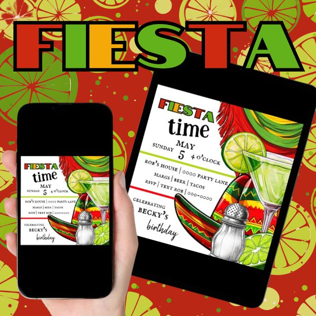Invitation Fiesta | Margarita | Lime | Partie (Customize and download cinco de mayo, birthday, retirement themed party invitations in green, red. )