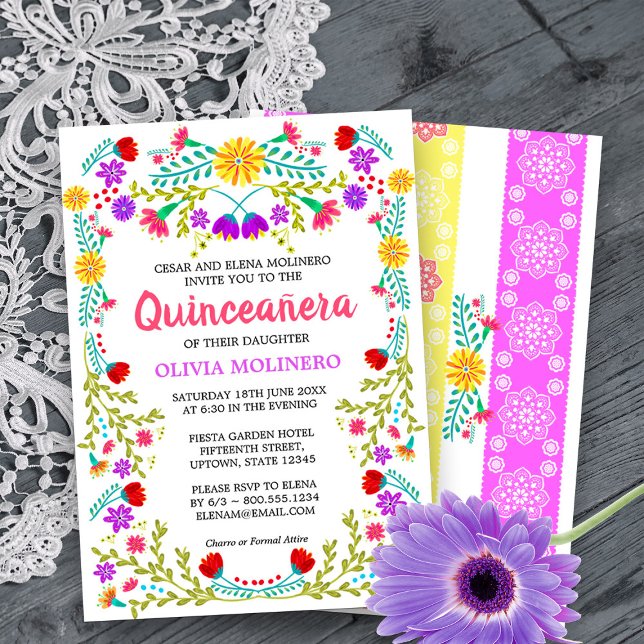 Invitation Fiesta mexicaine Art folklorique Floral Quinceaner (Quinceanera Invitation from my Mexican Fiesta Flowers Quinceanera Collection -printed or digital)