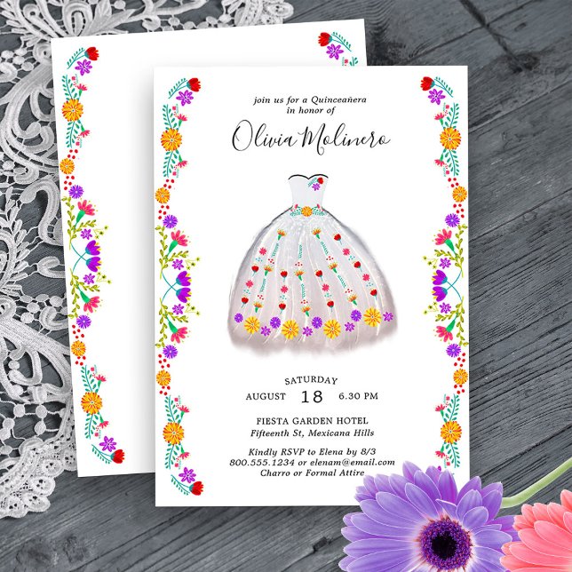 Invitation Fiesta mexicaine Blanc Floral Charro Quinceanera (Quinceanera Princess Dress Invitation from my Mexican Fiesta Flowers Quinceanera Collection)