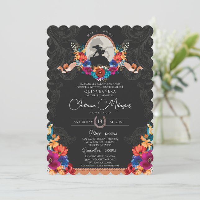Invitation Fiesta mexicaine Coloré Floral Ouest Quinceanera (Debout devant)