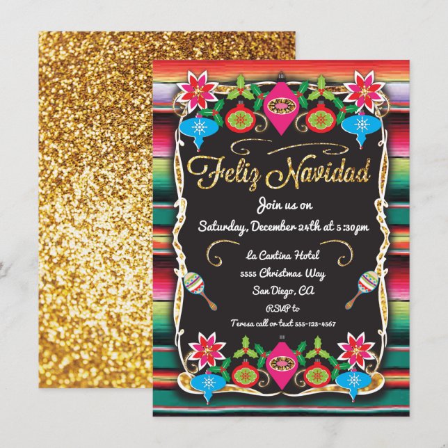 Invitation Fiesta mexicaine Feliz Navidad Party Parties scint (Devant / Derrière)