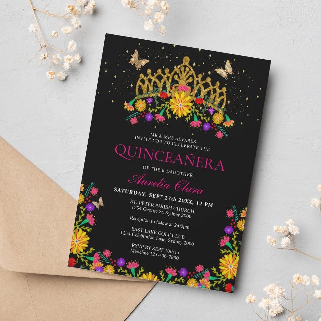 Invitation Fiesta mexicaine noire Floral Or Tiara Quinceanera (Créateur téléchargé)