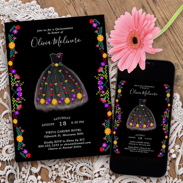 Invitation Fiesta mexicaine Robe de Charro noir Quinceanera (Quinceanera invitation from my Mexican Fiesta Floral collection
)