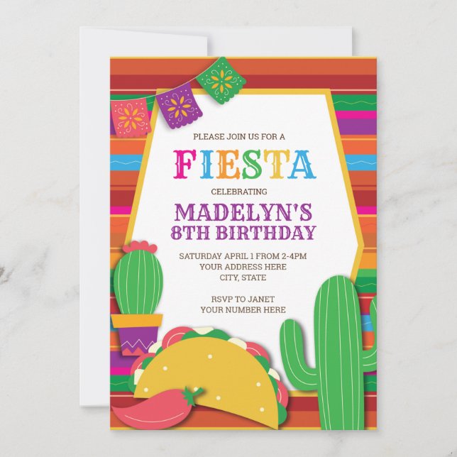 Invitation Fiesta Mexicaine Sud-Ouest Taco Anniversaire (Devant)