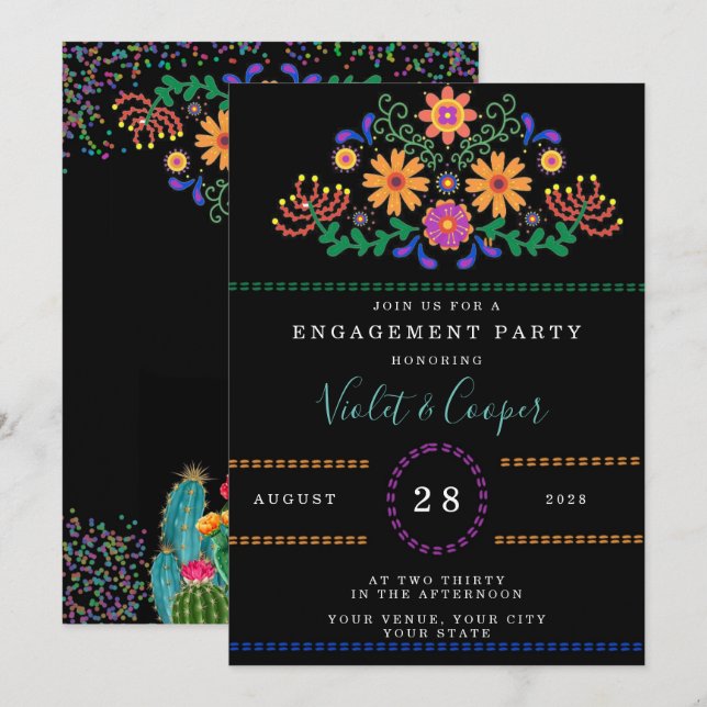 Invitation Fiesta moderne et Cactus Colorée d'engagement (Devant / Derrière)