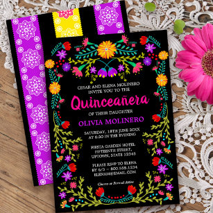 Invitation Fiesta noire mexicaine Folk Art Floral Quinceanera
