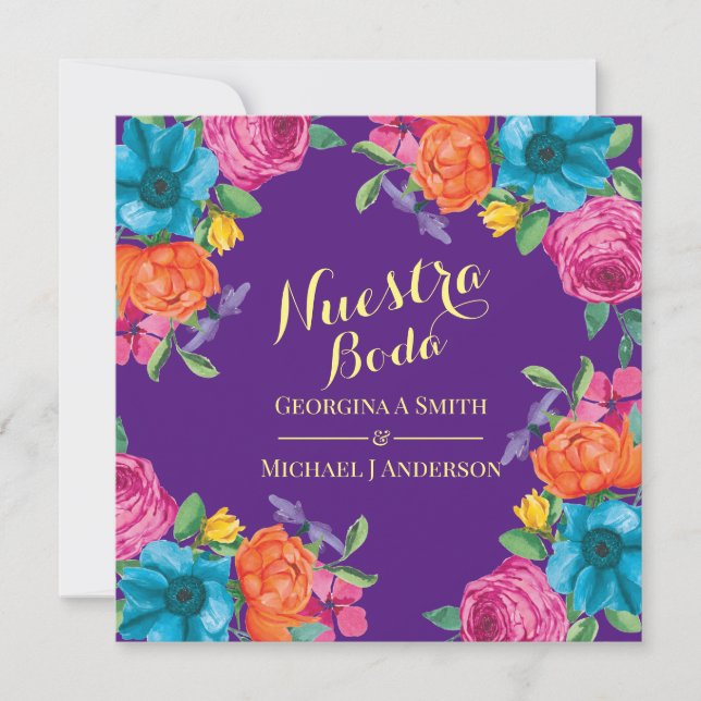 Invitation Fiesta Nuestra Boda Purple Orange Fleurs roses (Devant)