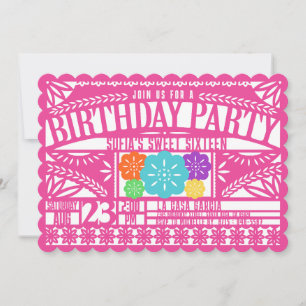 Invitation Fiesta Papel Picado Drapeau FUCHSIA Sweet 16 Anniv