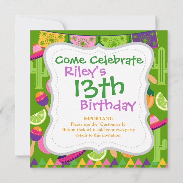 Invitation Fiesta Party Sombrero Cactus Lims Peppers Maracas (Devant)