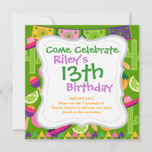 Invitation Fiesta Party Sombrero Cactus Lims Peppers Maracas