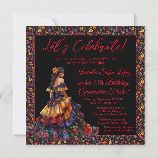 Invitation Fiesta Quinceañera colorée (Devant)
