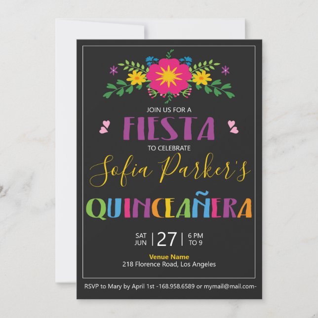 Invitation Fiesta Quinceañera mexicaine colorée (Devant)