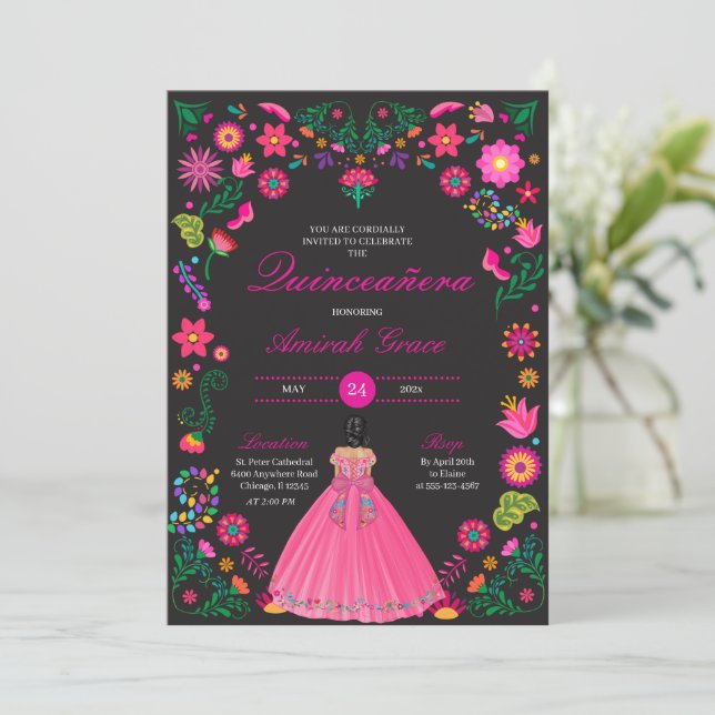 Invitation Fiesta Quinceañera rose et noire (Debout devant)