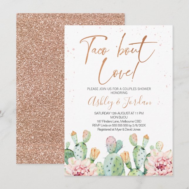 Invitation Fiesta Rose Gold Taco ''bout Love Couples Shower (Devant / Derrière)