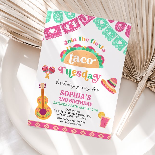Invitation Fiesta rose moderne Taco mardi 2e anniversaire (Colorful Taco Tuesday 2nd Birthday Invitation Template, Fiesta 2nd Birthday Invitation, Mexican)