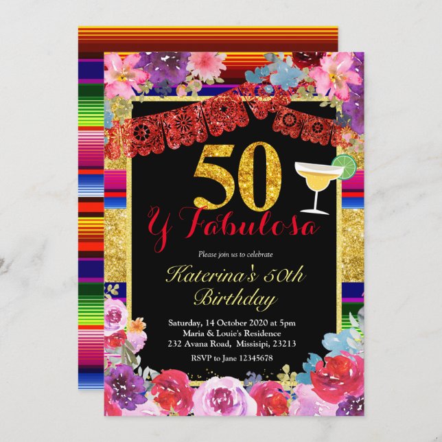 Invitation Fiesta Spanish 50 et Fabulous Birthday (Devant / Derrière)