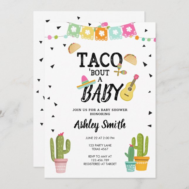 Invitation Fiesta Taco Bout Love Cactus Baby shower noir (Devant / Derrière)