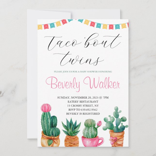 Invitation Fiesta Taco 'Bout Twins Baby shower mexicain Cactu (Devant)
