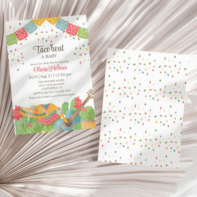 Invitation Fiesta Taco Mexicaine 'Bout A Baby Baby shower (Mexican Fiesta Taco 'Bout A Baby Baby Shower Invitation on a dry white fan palm leaf.)