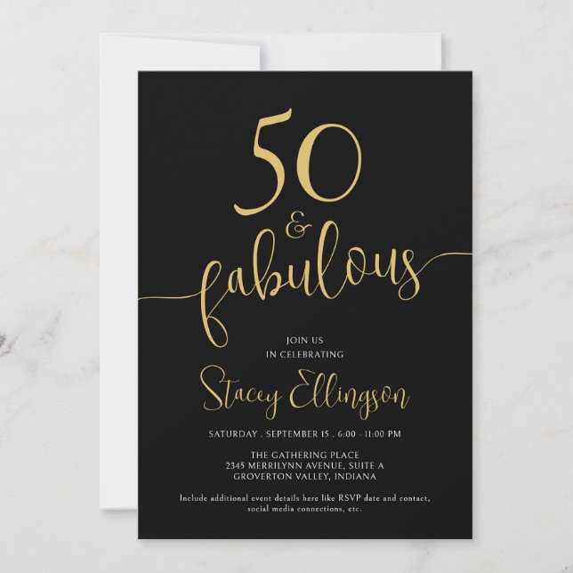 Invitation Fifty and Fabulous 50th Birthday Black Gold (Devant)