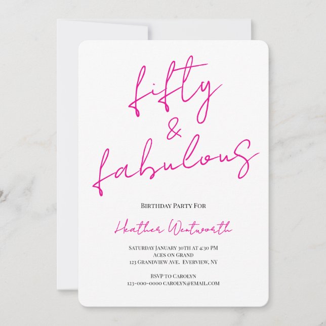 Invitation Fifty and Fabulous 50th Birthday Hot Pink Script (Devant)