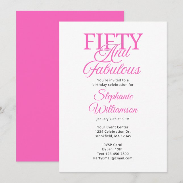 Invitation Fifty and Fabulous Black and Pink Script (Devant / Derrière)