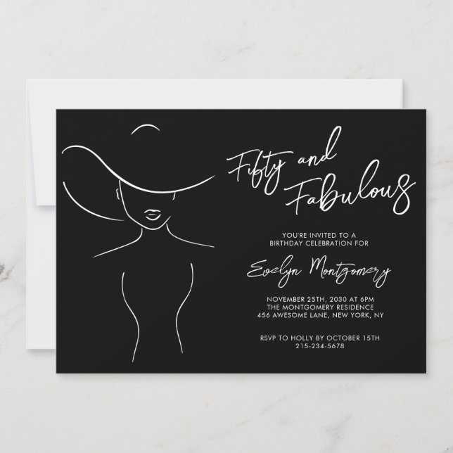 Invitation Fifty and Fabulous Black Line Art Birthday Party  (Devant)