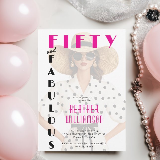 Invitation Fifty and Fabulous Black Pink 50th Birthday  (Créateur téléchargé)