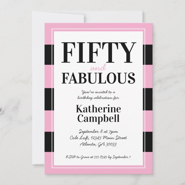 Invitation Fifty and Fabulous Black Pink 50th Birthday Party (Devant)