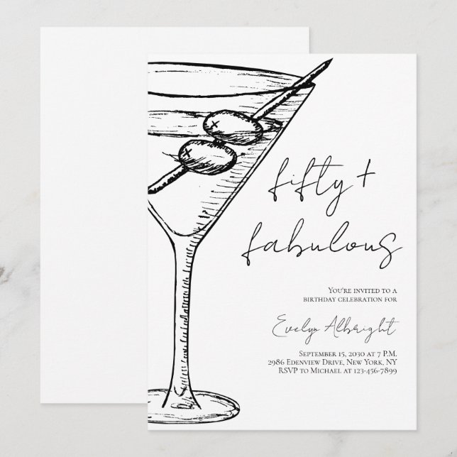 Invitation Fifty and Fabulous Black Script Line Art Martini (Devant / Derrière)