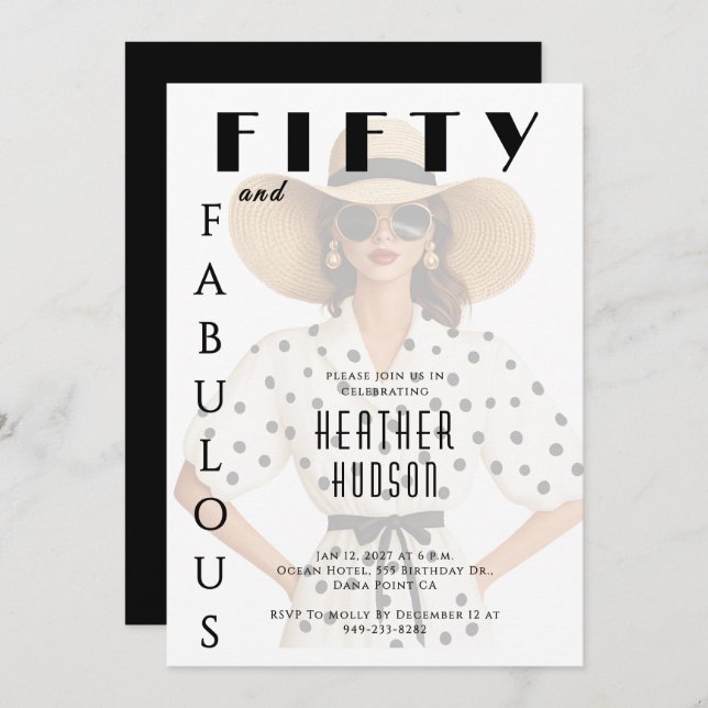 Invitation Fifty and Fabulous Black White 50th Birthday  (Devant / Derrière)