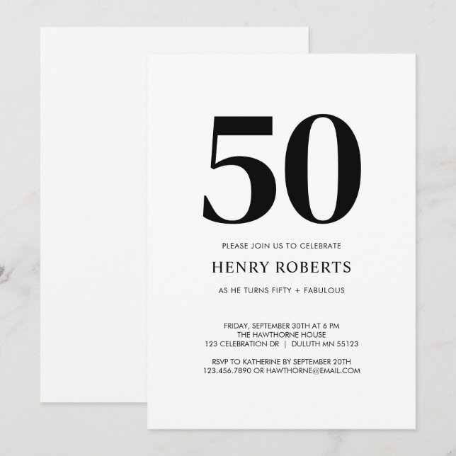 Invitation Fifty and Fabulous Black White 50th Birthday Party (Devant / Derrière)