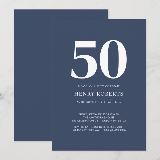 Invitation Fifty and Fabulous Blue 50th Birthday Party (Devant / Derrière)