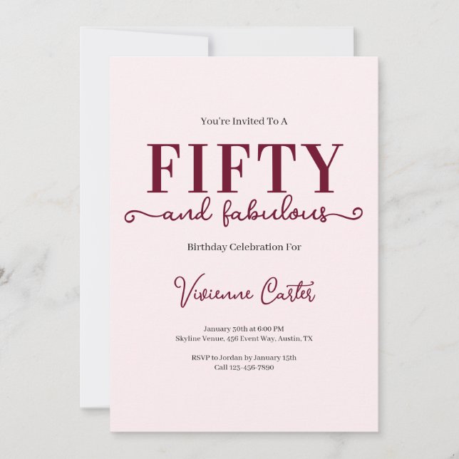 Invitation Fifty and Fabulous Blush Pink 50th Birthday Party (Devant)