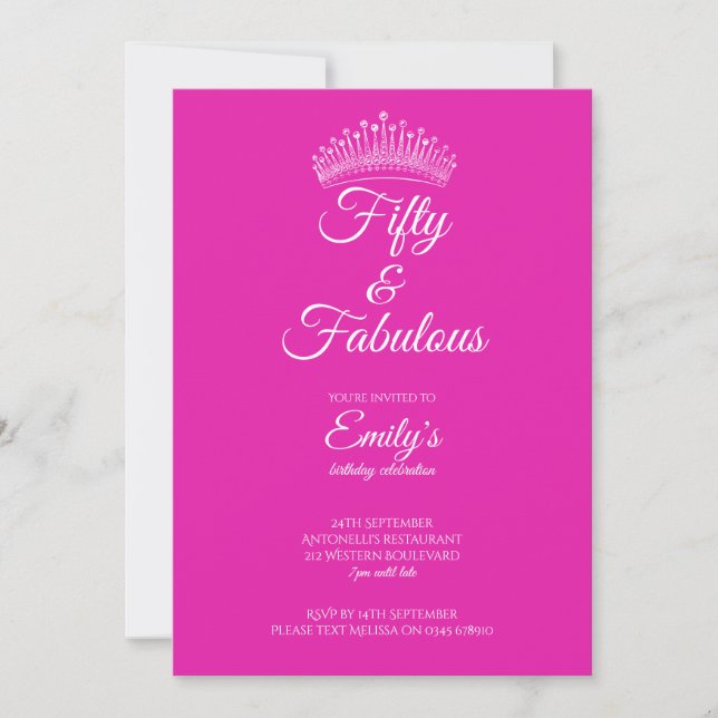 Invitation Fifty and Fabulous Crown Pink Birthday (Devant)