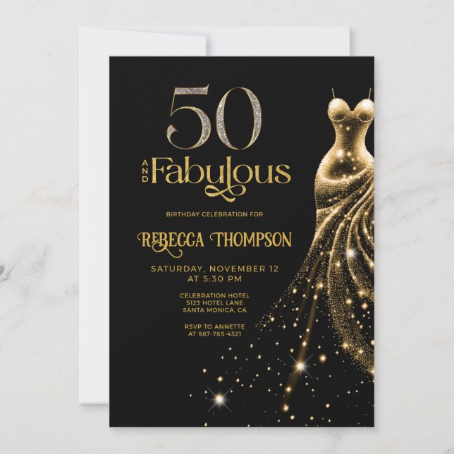 Invitation Fifty and Fabulous Gold Dress Black 50th Birthday (Devant)