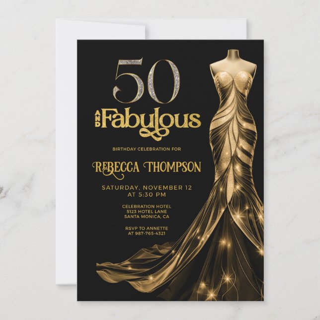 Invitation Fifty and Fabulous Gold Dress Black 50th Birthday (Devant)