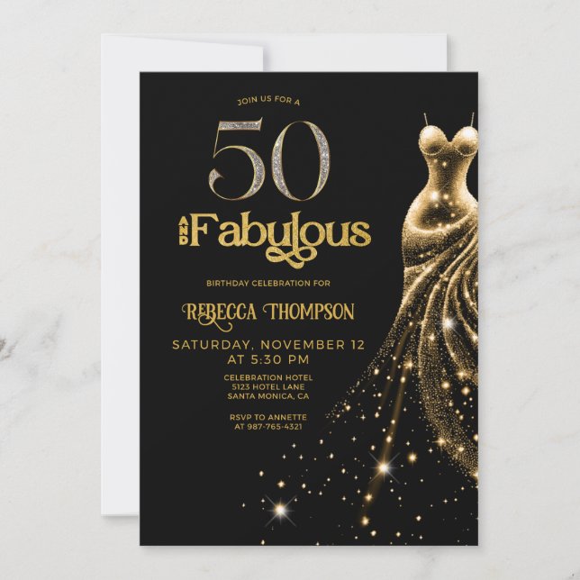 Invitation Fifty and Fabulous Gold Dress Black 50th Birthday (Devant)