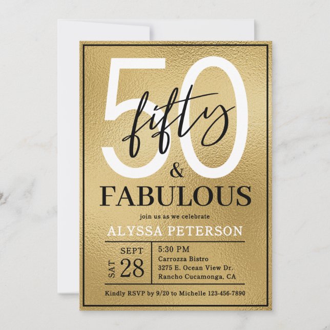 Invitation Fifty and Fabulous Gold Script 50th Birthday (Devant)