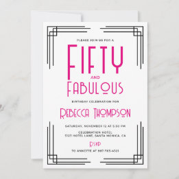 Invitation Fifty and Fabulous Hot Pink Art Deco 50th Birthday