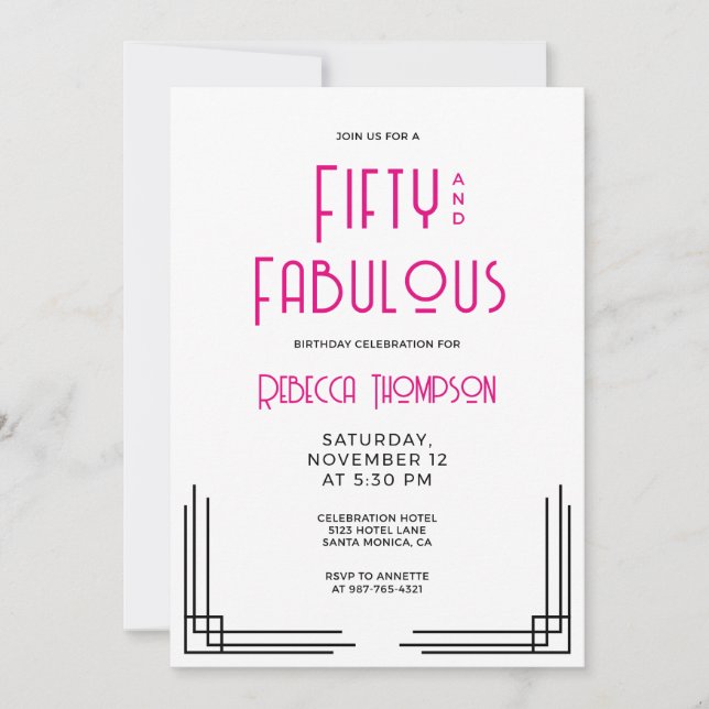 Invitation Fifty and Fabulous Hot Pink Art Deco 50th Birthday (Devant)