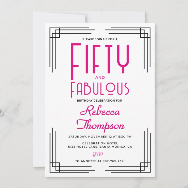 Invitation Fifty and Fabulous Hot Pink Art Deco 50th Birthday (Devant)