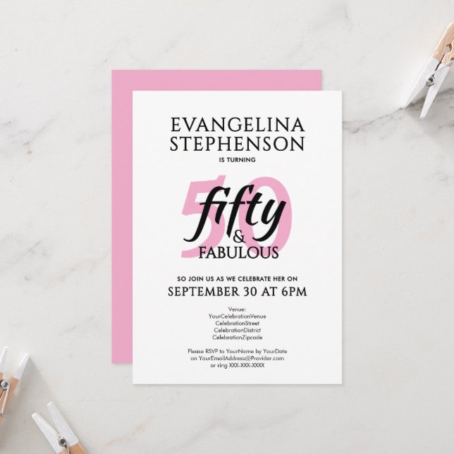 Invitation Fifty and Fabulous Modern Pink White 50th Birthday (Devant/Arrière en situation)