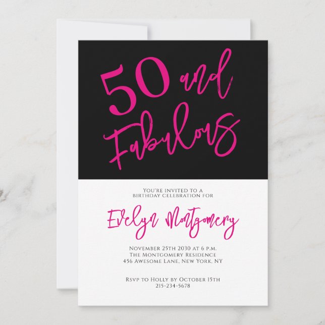 Invitation Fifty and Fabulous Pink Black 50th Birthday Party  (Devant)