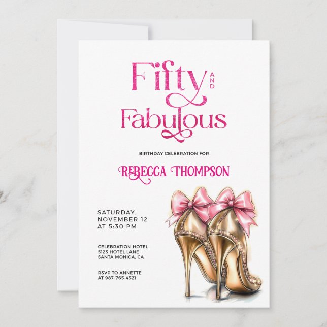 Invitation Fifty and Fabulous Pink Gold Heels 50th Birthday (Devant)