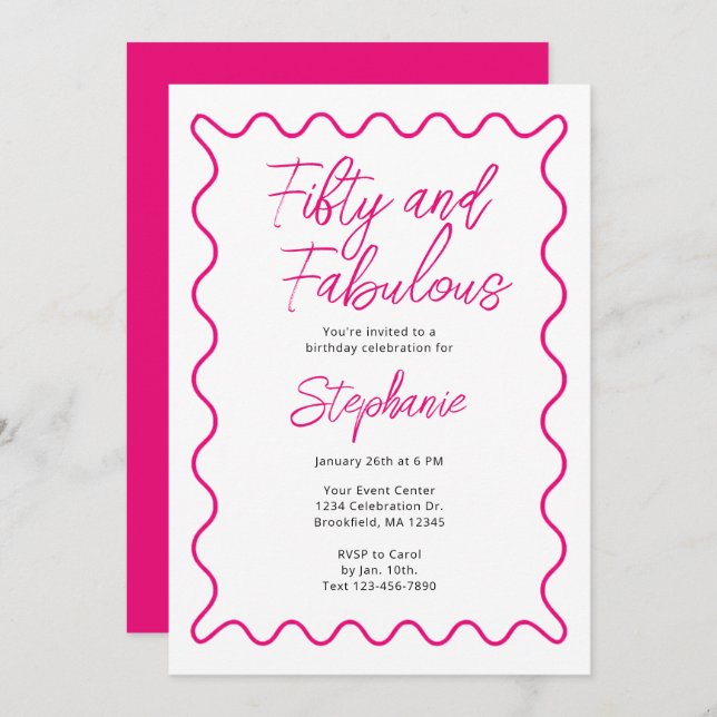 Invitation Fifty and Fabulous Pink Script (Devant / Derrière)